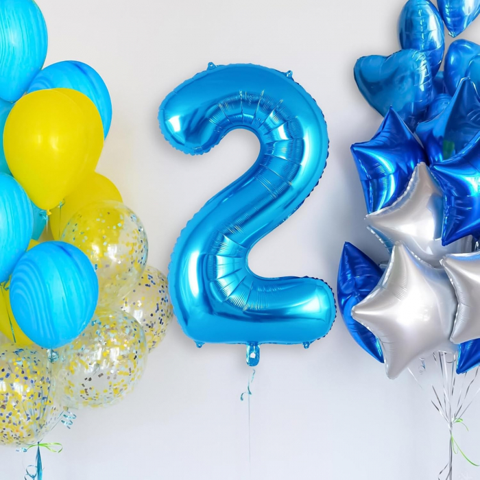 Balon din Folie Metalizata Flippy, Figurina Cifra, Tema Aniversare 40 cm, Ambalaj Individual, Pai inclus, Umflare cu Aer sau Heliu, Albastru, Cifra 2 [5]