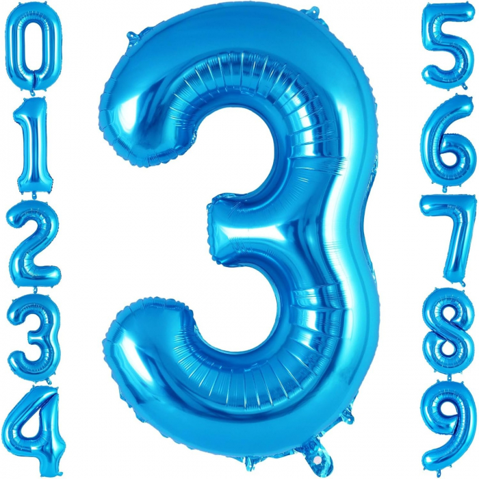 Balon din Folie Metalizata Flippy, Figurina Cifra, Tema Aniversare 40 cm, Ambalaj Individual, Pai inclus, Umflare cu Aer sau Heliu, Albastru, Cifra 3 [6]