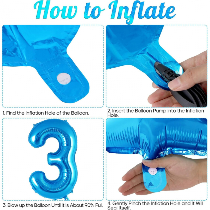 Balon din Folie Metalizata Flippy, Figurina Cifra, Tema Aniversare 40 cm, Ambalaj Individual, Pai inclus, Umflare cu Aer sau Heliu, Albastru, Cifra 3 [2]