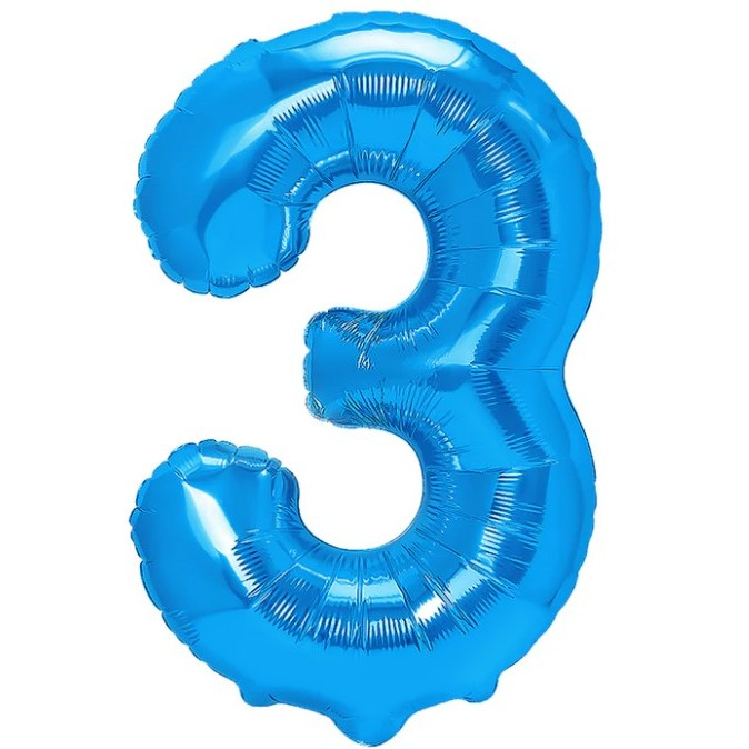 Balon din Folie Metalizata Flippy, Figurina Cifra, Tema Aniversare 40 cm, Ambalaj Individual, Pai inclus, Umflare cu Aer sau Heliu, Albastru, Cifra 3 [1]