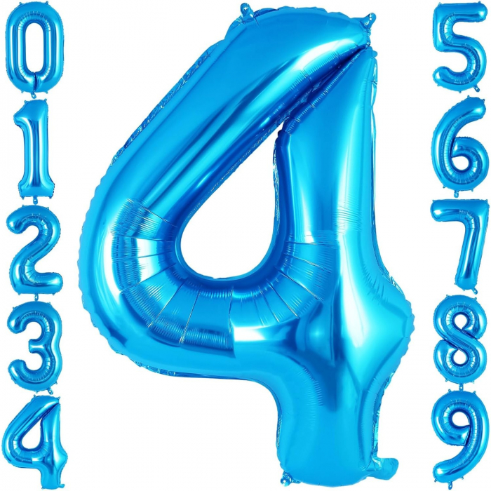 Balon din Folie Metalizata Flippy, Figurina Cifra, Tema Aniversare 40 cm, Ambalaj Individual, Pai inclus, Umflare cu Aer sau Heliu, Albastru, Cifra 4 [6]