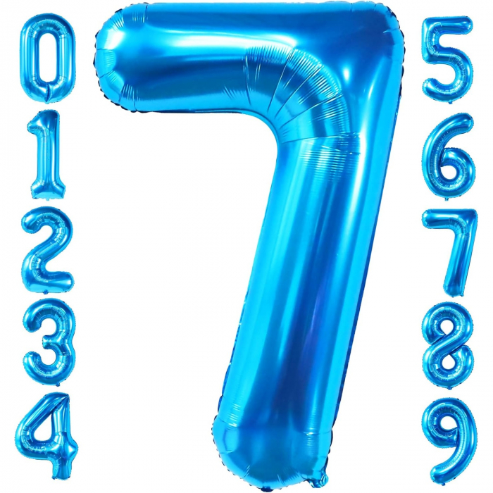 Balon din Folie Metalizata Flippy, Figurina Cifra, Tema Aniversare 40 cm, Ambalaj Individual, Pai inclus, Umflare cu Aer sau Heliu, Albastru, Cifra 7 [7]
