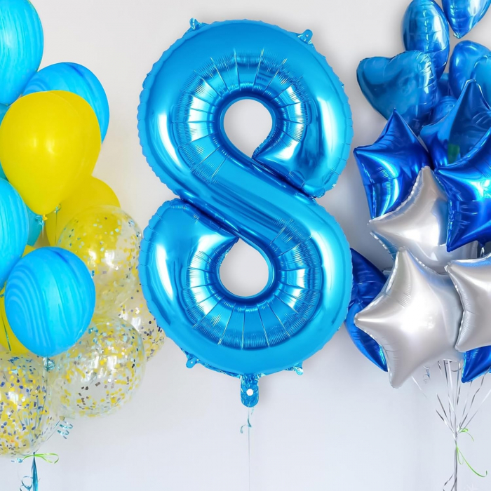 Balon din Folie Metalizata Flippy, Figurina Cifra, Tema Aniversare 40 cm, Ambalaj Individual, Pai inclus, Umflare cu Aer sau Heliu, Albastru, Cifra 8 [5]