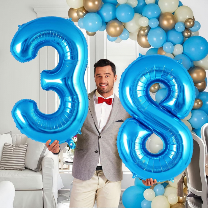Balon din Folie Metalizata Flippy, Figurina Cifra, Tema Aniversare 40 cm, Ambalaj Individual, Pai inclus, Umflare cu Aer sau Heliu, Albastru, Cifra 8 [4]