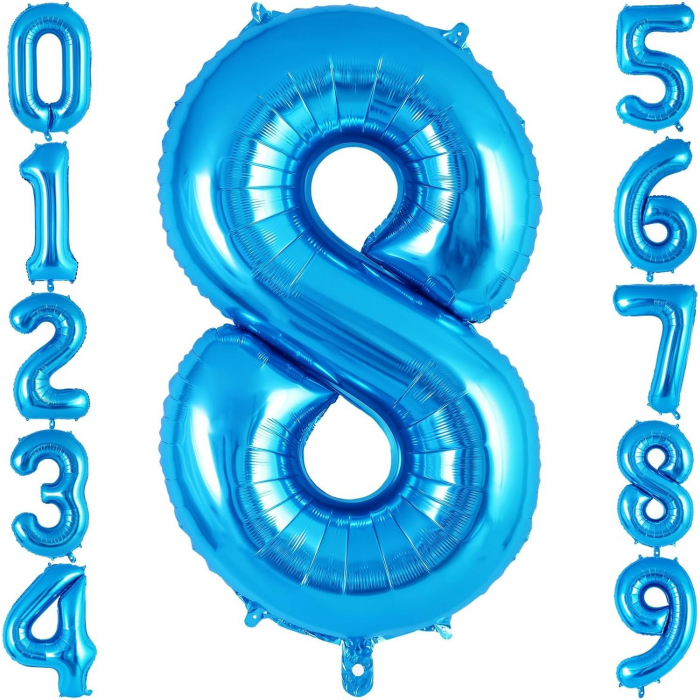 Balon din Folie Metalizata Flippy, Figurina Cifra, Tema Aniversare 40 cm, Ambalaj Individual, Pai inclus, Umflare cu Aer sau Heliu, Albastru, Cifra 8 [6]