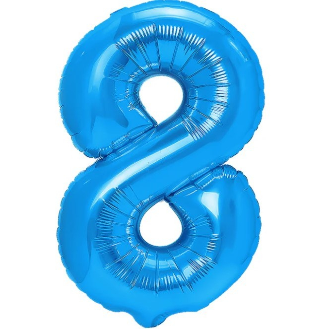 Balon din Folie Metalizata Flippy, Figurina Cifra, Tema Aniversare 40 cm, Ambalaj Individual, Pai inclus, Umflare cu Aer sau Heliu, Albastru, Cifra 8 [1]