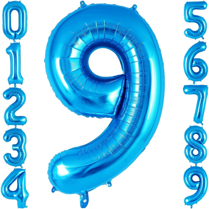 Balon din Folie Metalizata Flippy, Figurina Cifra, Tema Aniversare 40 cm, Ambalaj Individual, Pai inclus, Umflare cu Aer sau Heliu, Albastru, Cifra 9 [6]