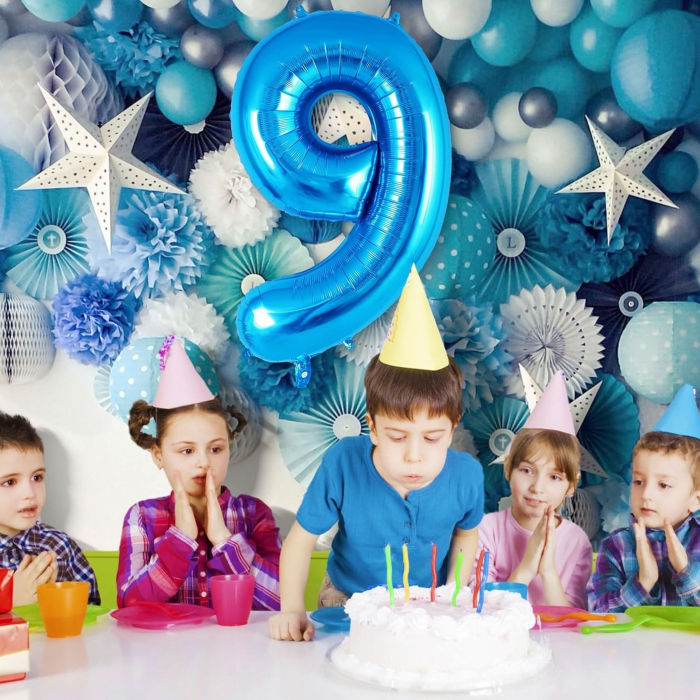 Balon din Folie Metalizata Flippy, Figurina Cifra, Tema Aniversare 40 cm, Ambalaj Individual, Pai inclus, Umflare cu Aer sau Heliu, Albastru, Cifra 9 [4]