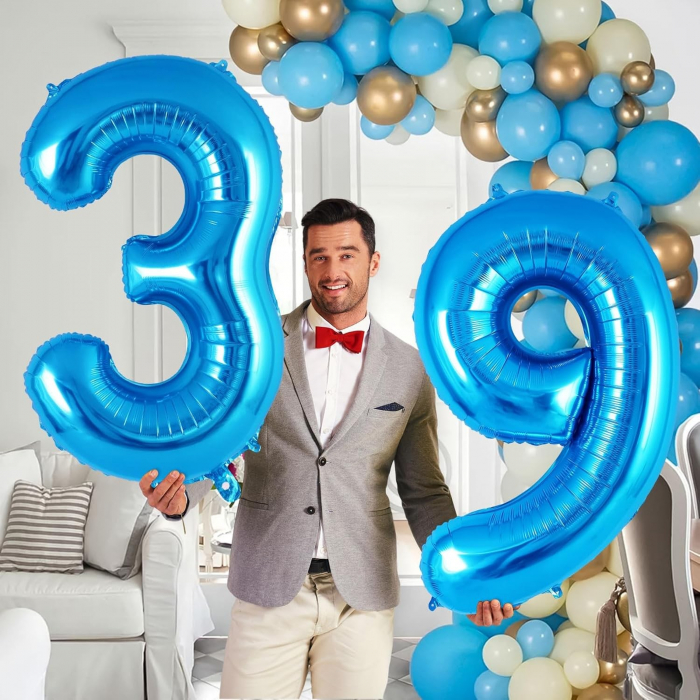 Balon din Folie Metalizata Flippy, Figurina Cifra, Tema Aniversare 40 cm, Ambalaj Individual, Pai inclus, Umflare cu Aer sau Heliu, Albastru, Cifra 9 [3]
