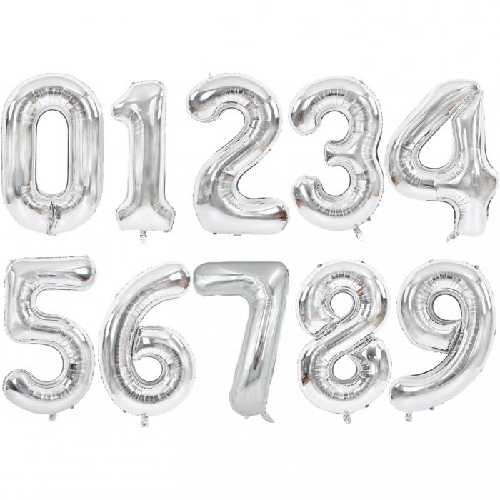 Balon din Folie Metalizata, Flippy, Figurina Cifra, Tema Aniversare 40 cm, Ambalaj Individual, Pai inclus, Umflare cu Aer sau Heliu, Argintiu, Cifra 0 [2]