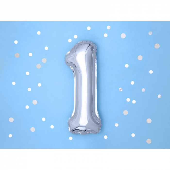 Balon din Folie Metalizata, Flippy, Figurina Cifra, Tema Aniversare 40 cm, Ambalaj Individual, Pai inclus, Umflare cu Aer sau Heliu, Argintiu, Cifra 1 [10]