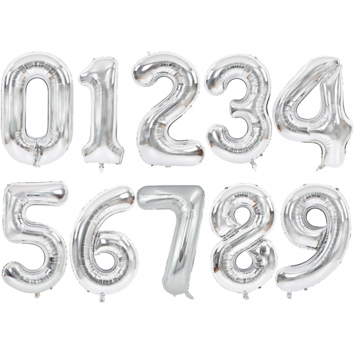 Balon din Folie Metalizata, Flippy, Figurina Cifra, Tema Aniversare 40 cm, Ambalaj Individual, Pai inclus, Umflare cu Aer sau Heliu, Argintiu, Cifra 1 [2]