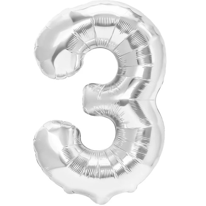 Balon din Folie Metalizata Flippy, Figurina Cifra, Tema Aniversare 40 cm, Ambalaj Individual, Pai inclus, Umflare cu Aer sau Heliu, Argintiu, Cifra 3 [1]