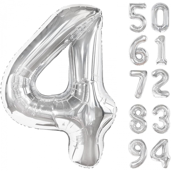 Balon din Folie Metalizata, Flippy, Figurina Cifra, Tema Aniversare 40 cm, Ambalaj Individual, Pai inclus, Umflare cu Aer sau Heliu, Argintiu, Cifra 4 [9]