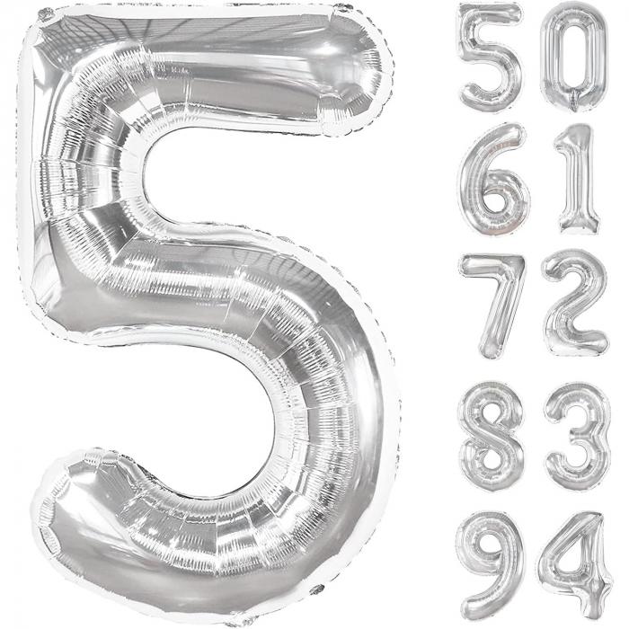 Balon din Folie Metalizata Flippy, Figurina Cifra, Tema Aniversare 40 cm, Ambalaj Individual, Pai inclus, Umflare cu Aer sau Heliu, Argintiu, Cifra 5 [4]