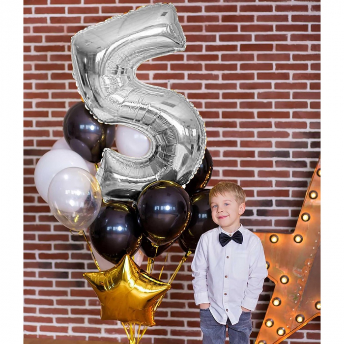 Balon din Folie Metalizata Flippy, Figurina Cifra, Tema Aniversare 40 cm, Ambalaj Individual, Pai inclus, Umflare cu Aer sau Heliu, Argintiu, Cifra 5 [6]