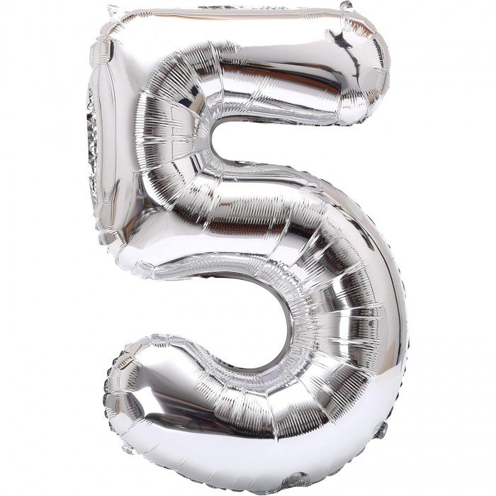 Balon din Folie Metalizata Flippy, Figurina Cifra, Tema Aniversare 40 cm, Ambalaj Individual, Pai inclus, Umflare cu Aer sau Heliu, Argintiu, Cifra 5 [1]