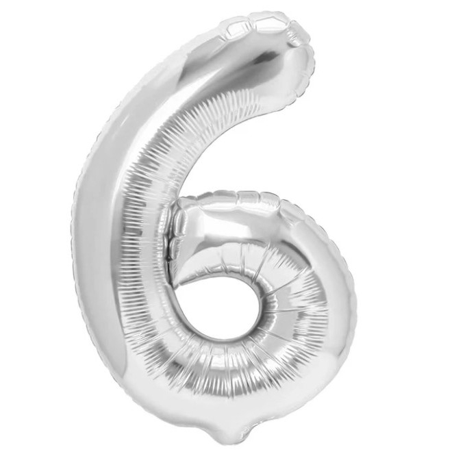 Balon din Folie Metalizata Flippy, Figurina Cifra, Tema Aniversare 40 cm, Ambalaj Individual, Pai inclus, Umflare cu Aer sau Heliu, Argintiu, Cifra 6 [1]