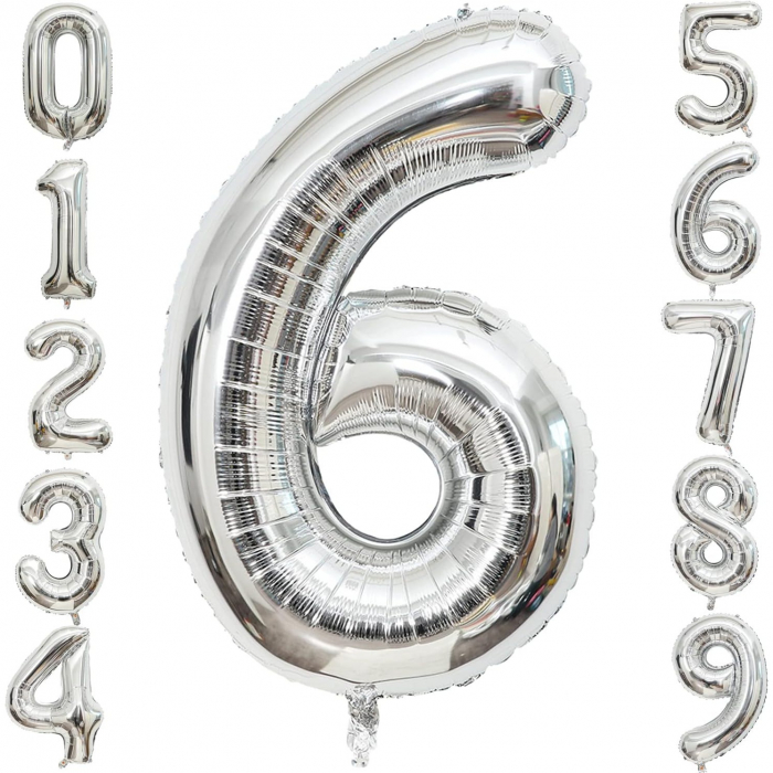 Balon din Folie Metalizata Flippy, Figurina Cifra, Tema Aniversare 40 cm, Ambalaj Individual, Pai inclus, Umflare cu Aer sau Heliu, Argintiu, Cifra 6 [6]