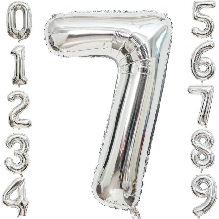Balon din Folie Metalizata Flippy, Figurina Cifra, Tema Aniversare 40 cm, Ambalaj Individual, Pai inclus, Umflare cu Aer sau Heliu, Argintiu, Cifra 7 [6]