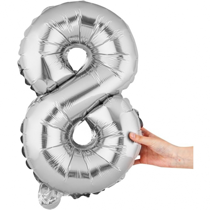 Balon din Folie Metalizata Flippy, Figurina Cifra, Tema Aniversare 40 cm, Ambalaj Individual, Pai inclus, Umflare cu Aer sau Heliu, Argintiu, Cifra 8 [6]