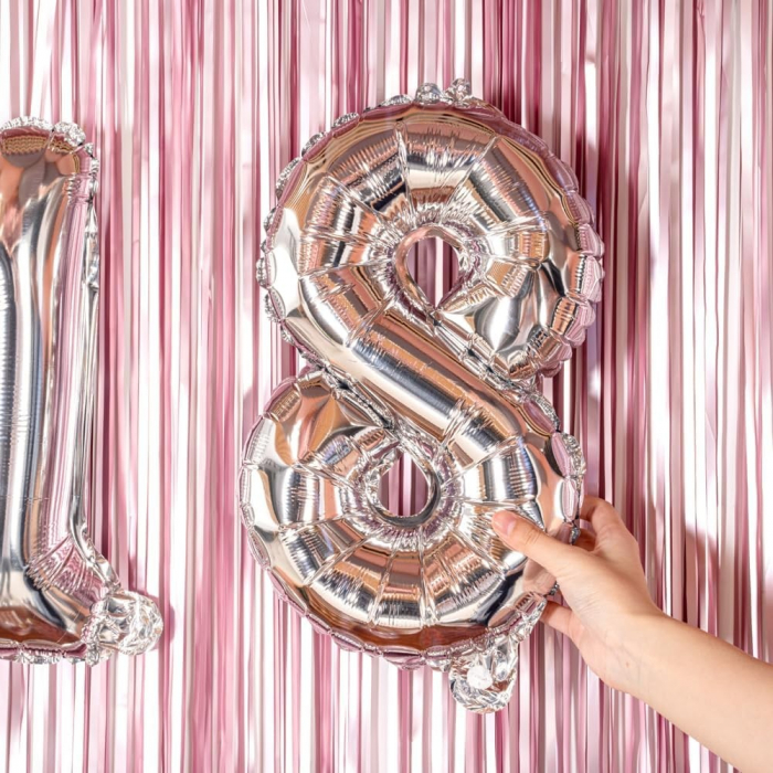 Balon din Folie Metalizata Flippy, Figurina Cifra, Tema Aniversare 40 cm, Ambalaj Individual, Pai inclus, Umflare cu Aer sau Heliu, Argintiu, Cifra 8 [3]