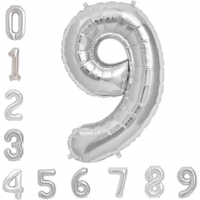Balon din Folie Metalizata Flippy, Figurina Cifra, Tema Aniversare 40 cm, Ambalaj Individual, Pai inclus, Umflare cu Aer sau Heliu, Argintiu, Cifra 9 [6]