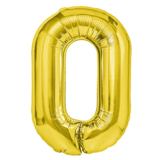 Balon din Folie Metalizata Flippy, Figurina Cifra, Tema Aniversare 40 cm, Ambalaj Individual, Pai inclus, Umflare cu Aer sau Heliu, Auriu, Cifra 0 [1]
