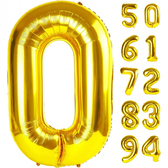 Balon din Folie Metalizata Flippy, Figurina Cifra, Tema Aniversare 40 cm, Ambalaj Individual, Pai inclus, Umflare cu Aer sau Heliu, Auriu, Cifra 0 [8]