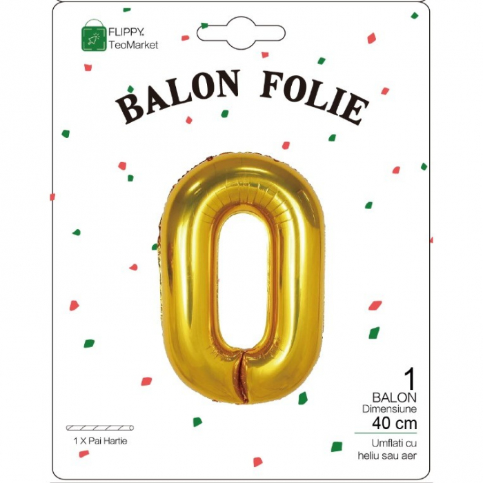 Balon din Folie Metalizata Flippy, Figurina Cifra, Tema Aniversare 40 cm, Ambalaj Individual, Pai inclus, Umflare cu Aer sau Heliu, Auriu, Cifra 0 [2]
