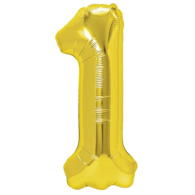 Balon din Folie Metalizata Flippy, Figurina Cifra, Tema Aniversare 40 cm, Ambalaj Individual, Pai inclus, Umflare cu Aer sau Heliu, Auriu, Cifra 1 [1]