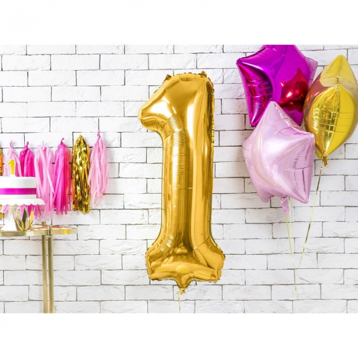 Balon din Folie Metalizata Flippy, Figurina Cifra, Tema Aniversare 40 cm, Ambalaj Individual, Pai inclus, Umflare cu Aer sau Heliu, Auriu, Cifra 1 [4]