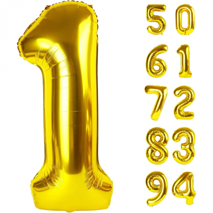 Balon din Folie Metalizata Flippy, Figurina Cifra, Tema Aniversare 40 cm, Ambalaj Individual, Pai inclus, Umflare cu Aer sau Heliu, Auriu, Cifra 1 [10]