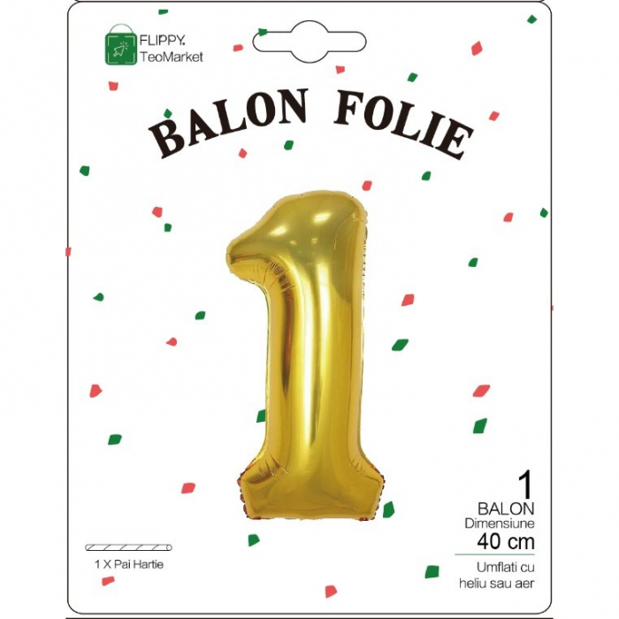 Balon din Folie Metalizata Flippy, Figurina Cifra, Tema Aniversare 40 cm, Ambalaj Individual, Pai inclus, Umflare cu Aer sau Heliu, Auriu, Cifra 1 [2]