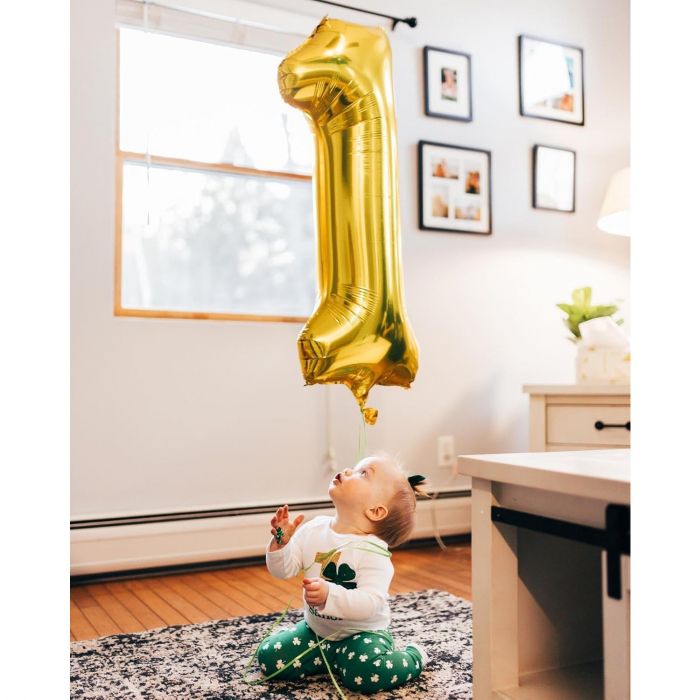 Balon din Folie Metalizata Flippy, Figurina Cifra, Tema Aniversare 40 cm, Ambalaj Individual, Pai inclus, Umflare cu Aer sau Heliu, Auriu, Cifra 1 [8]