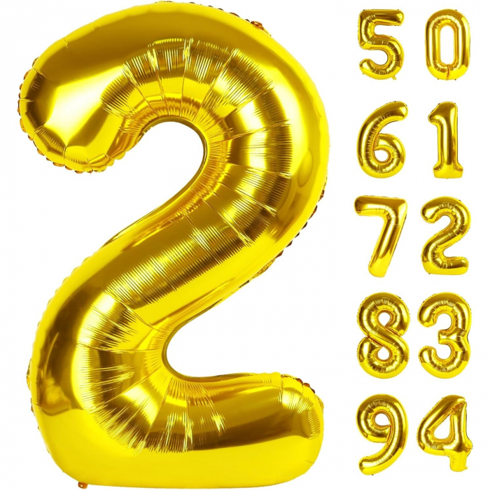 Balon din Folie Metalizata Flippy, Figurina Cifra, Tema Aniversare 40 cm, Ambalaj Individual, Pai inclus, Umflare cu Aer sau Heliu, Auriu, Cifra 2 [11]
