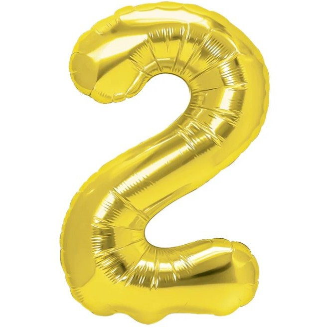 Balon din Folie Metalizata Flippy, Figurina Cifra, Tema Aniversare 40 cm, Ambalaj Individual, Pai inclus, Umflare cu Aer sau Heliu, Auriu, Cifra 2 [1]