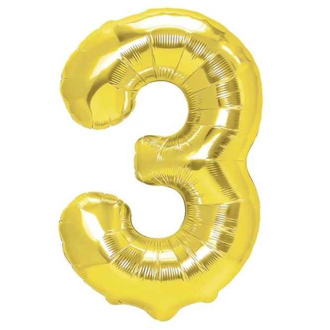 Balon din Folie Metalizata Flippy, Figurina Cifra, Tema Aniversare 40 cm, Ambalaj Individual, Pai inclus, Umflare cu Aer sau Heliu, Auriu, Cifra 3 [1]