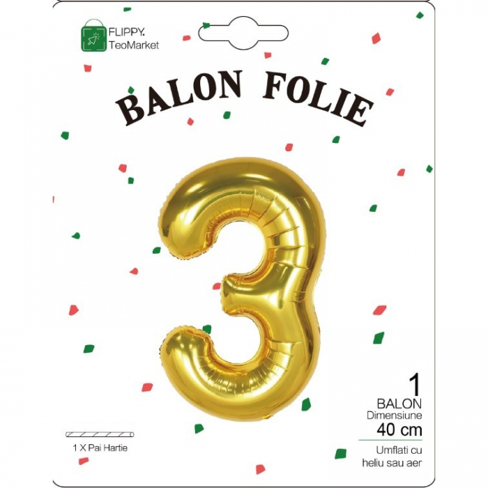 Balon din Folie Metalizata Flippy, Figurina Cifra, Tema Aniversare 40 cm, Ambalaj Individual, Pai inclus, Umflare cu Aer sau Heliu, Auriu, Cifra 3 [2]