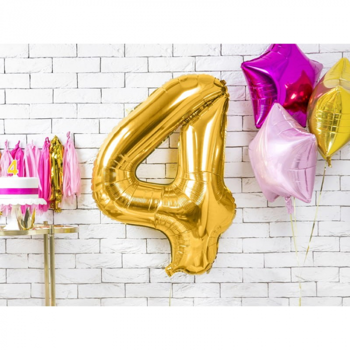 Balon din Folie Metalizata Flippy, Figurina Cifra, Tema Aniversare 40 cm, Ambalaj Individual, Pai inclus, Umflare cu Aer sau Heliu, Auriu, Cifra 4 [2]