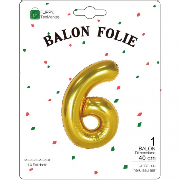 Balon din Folie Metalizata Flippy, Figurina Cifra, Tema Aniversare 40 cm, Ambalaj Individual, Pai inclus, Umflare cu Aer sau Heliu, Auriu, Cifra 6 [2]