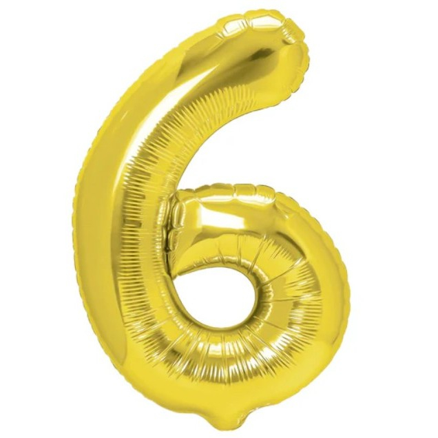 Balon din Folie Metalizata Flippy, Figurina Cifra, Tema Aniversare 40 cm, Ambalaj Individual, Pai inclus, Umflare cu Aer sau Heliu, Auriu, Cifra 6 [1]