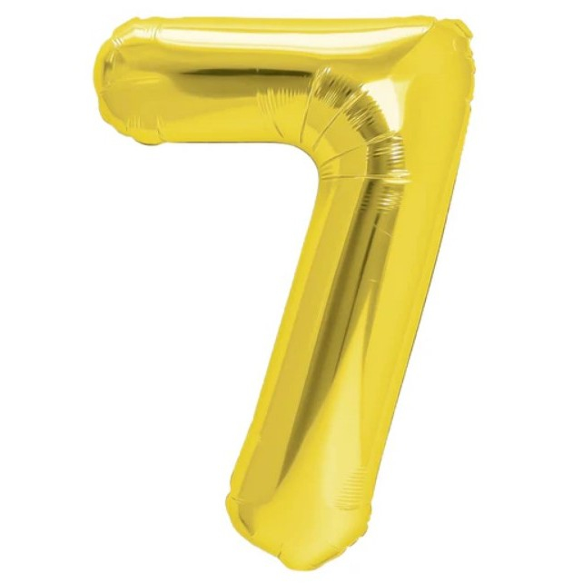 Balon din Folie Metalizata Flippy, Figurina Cifra, Tema Aniversare 40 cm, Ambalaj Individual, Pai inclus, Umflare cu Aer sau Heliu, Auriu, Cifra 7 [1]