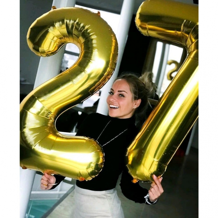 Balon din Folie Metalizata Flippy, Figurina Cifra, Tema Aniversare 40 cm, Ambalaj Individual, Pai inclus, Umflare cu Aer sau Heliu, Auriu, Cifra 7 [5]