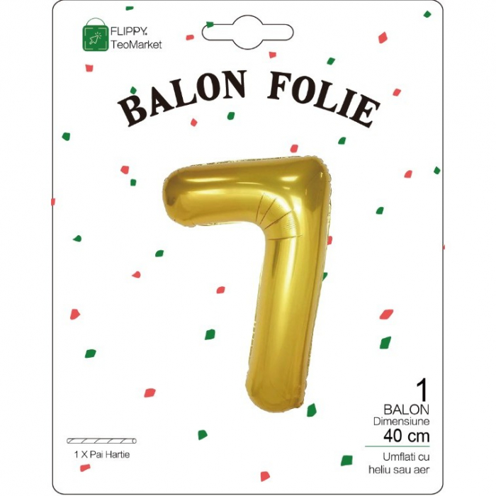 Balon din Folie Metalizata Flippy, Figurina Cifra, Tema Aniversare 40 cm, Ambalaj Individual, Pai inclus, Umflare cu Aer sau Heliu, Auriu, Cifra 7 [2]