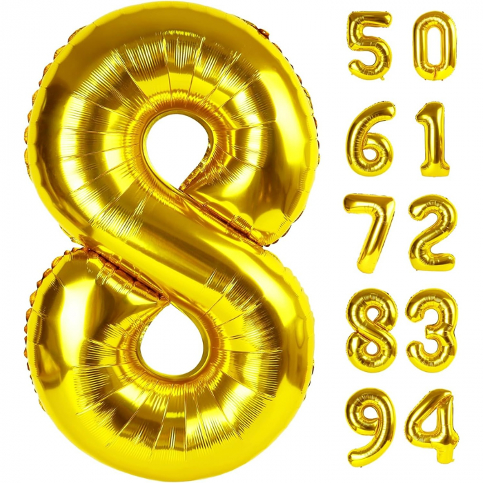 Balon din Folie Metalizata Flippy, Figurina Cifra, Tema Aniversare 40 cm, Ambalaj Individual, Pai inclus, Umflare cu Aer sau Heliu, Auriu, Cifra 8 [7]