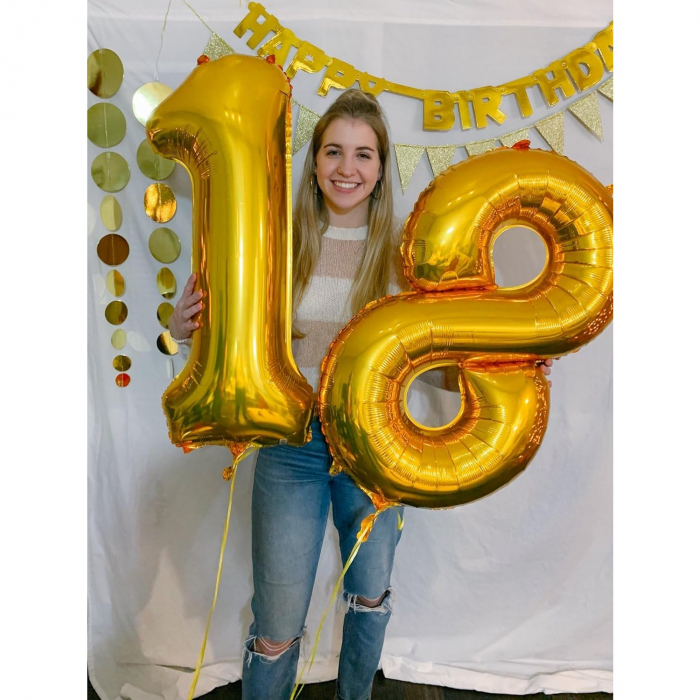 Balon din Folie Metalizata Flippy, Figurina Cifra, Tema Aniversare 40 cm, Ambalaj Individual, Pai inclus, Umflare cu Aer sau Heliu, Auriu, Cifra 8 [5]