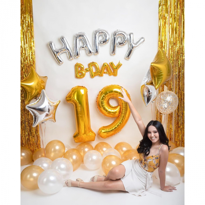 Balon din Folie Metalizata Flippy, Figurina Cifra, Tema Aniversare 40 cm, Ambalaj Individual, Pai inclus, Umflare cu Aer sau Heliu, Auriu, Cifra 9 [4]