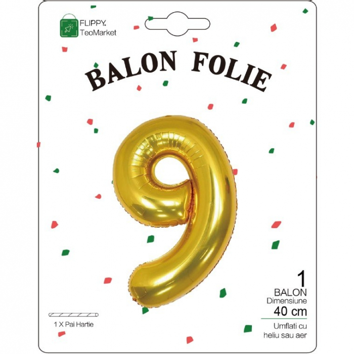 Balon din Folie Metalizata Flippy, Figurina Cifra, Tema Aniversare 40 cm, Ambalaj Individual, Pai inclus, Umflare cu Aer sau Heliu, Auriu, Cifra 9 [2]