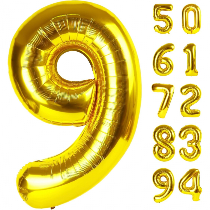Balon din Folie Metalizata Flippy, Figurina Cifra, Tema Aniversare 40 cm, Ambalaj Individual, Pai inclus, Umflare cu Aer sau Heliu, Auriu, Cifra 9 [9]